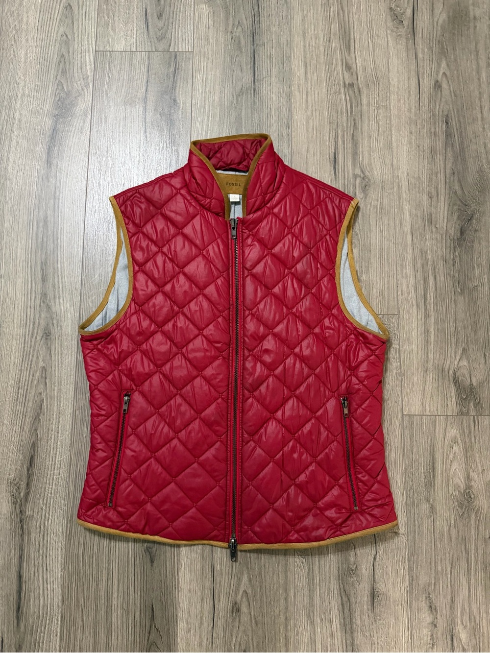 Fossil Women's Red Quilted Vest with Tan Trim